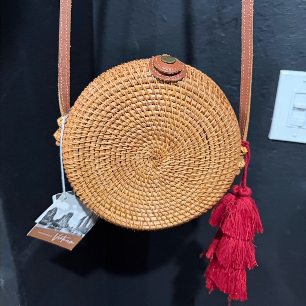 Round Woven Bag with Red Tassel